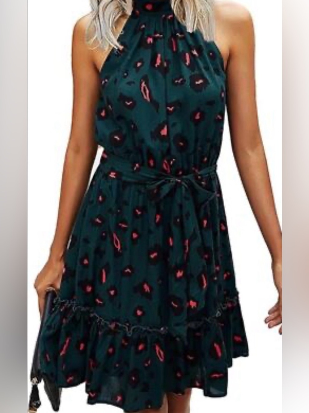 Halter Neck Navy Dress with Pink Accent Print